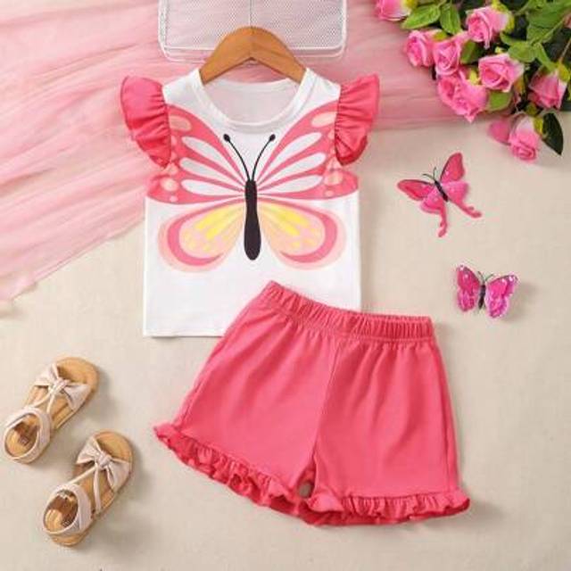 SHEIN Cute Butterfly Print Set, Frill Sleeves, Shorts, Summer Outfit For Baby