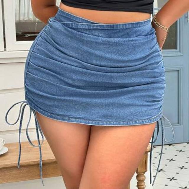SHEIN Plus Size Washed Drawstring Ruched Slim Fit Denim Shorts