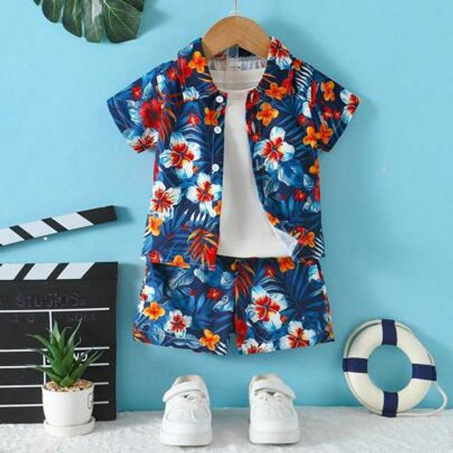 SHEIN Baby Boy Tropical Leaf Beach Holiday Shirt And Shorts Set