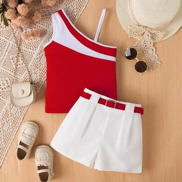 SHEIN 2pcs/Set Young Girl Colorblock Tank Top & Shorts With Belt, Summer