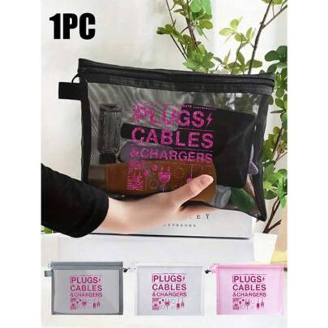 SHEIN Mesh Cosmetic Bag With Rose Red Glitter Data Cable Pattern, &#34;Plugs Cablea & Chargers&#34;Letter Pattern Red Air Cushion Storage Portable Storage Bag, Make