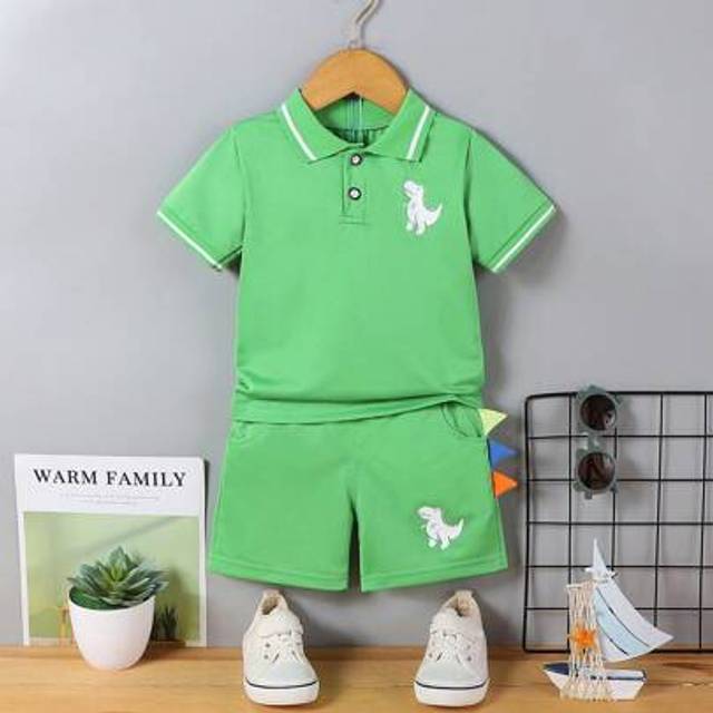 SHEIN Infant Baby Boy Sets Summer Clothing Casual Sport Suit Short-Sleeved POLO Shirt + Shorts 2Pcs Set Kids Grey Dinosaur Print Tracksuit Boy&#39;s Suit