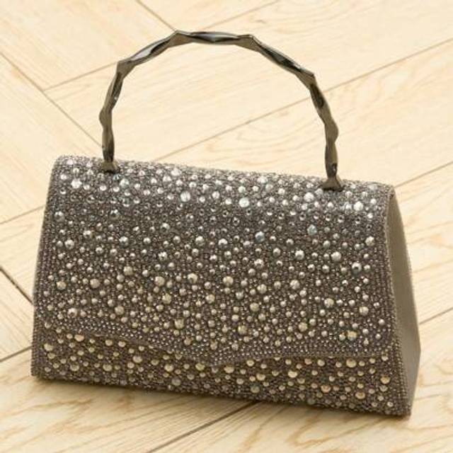 SHEIN Living And Home Crystal-Embellished Clutch Bag - Rhinestone Evening Bag With Bamboo Handle & Chain (19.5cm) | Black/Silver/Grey