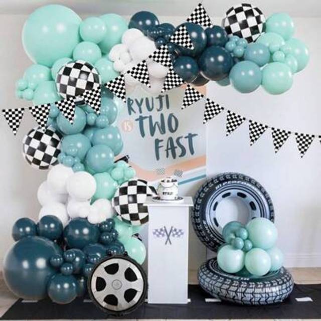 SHEIN 110pcs/Set Race Car Balloon Arch Wreath Kit, Includes Grey, Blue, Peacock Blue/Green, And White Balloons, With Wheels And Square Foil Balloons, Birthd
