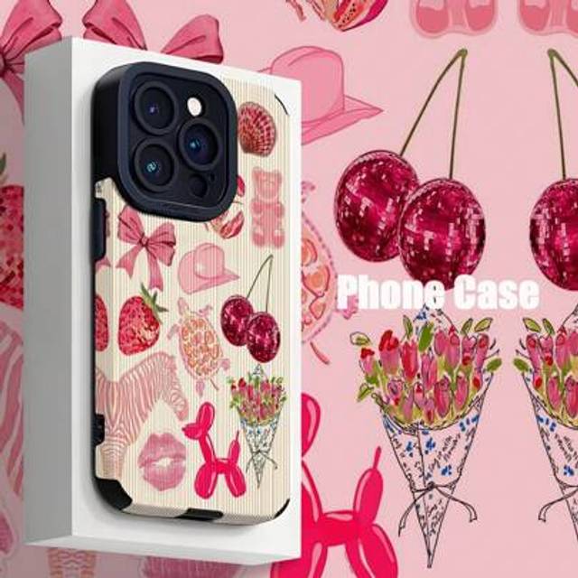 SHEIN 1pc Minimalist Shiny Cherry Patchwork Striped Faux Leather Soft Protective Phone Case Compatible With Apple & 16/16 Plus/16 Pro/16 Pro Max