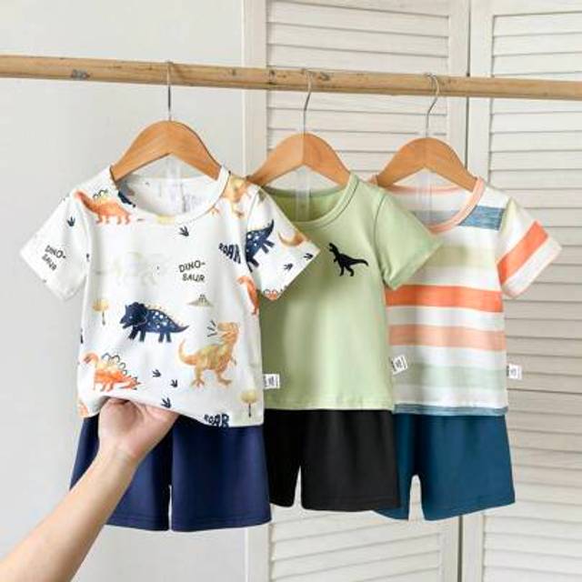 SHEIN 6pcs Baby Boy Toddler/Newborn 0-3 Years Spring & Summer Casual Adorable Dinosaur Striped Outfit Set, Short Sleeve Tee Shirt & Shorts, Infant Spring &