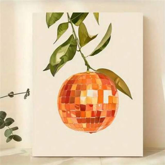 SHEIN Retro Orange Disco Mirror Ball Poster: Preppy Citrus Fruit Ball Illustration For Living Room, Bedroom, Office, Bathroom, Kitchen Decor - Optional Fram