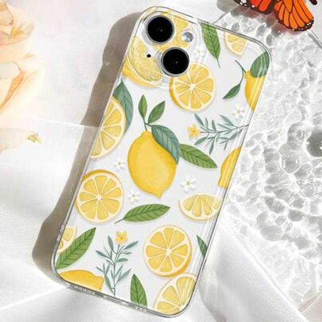 SHEIN 1pc Lemon Floral Leaf Pattern Soft TPU Transparent Shockproof Protective Phone Case Cover For IPhone 11/12/13/14/15/16 Pro Max