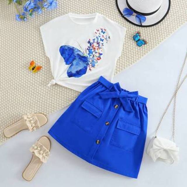 SHEIN Tween Girl 2 Pieces Summer Gift Outfit: Butterfly Print T-Shirt Top + Cargo Skirt Set, Suitable For Outdoor