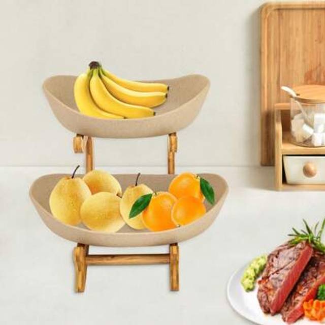 SHEIN 2 Tier Khaki Fruit Basket Fruit Bowl For Kitchen Counter, Bamboo&Pottery, Fruit Basket For Kitchen, Two Tier Fruit Bowl For Kitchen Counter Two Tier S