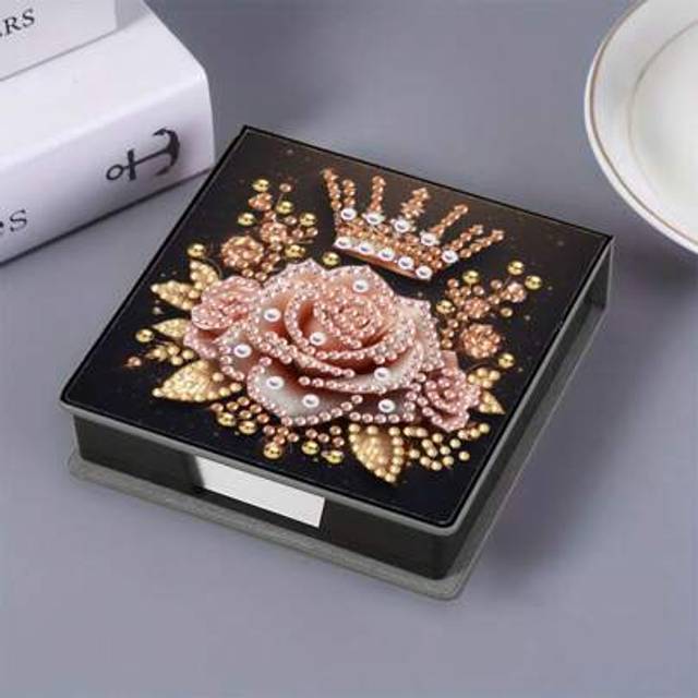SHEIN 1pc Crown Flower Design DIY Diamond Art 5D Asymmetrical Crystal Mosaic Painting, Black Faux Leather Memo Box With 160 Memo Notes, Ideal For Home, Offi