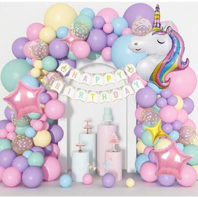 SHEIN 142pcs Unicorn Theme Balloon Garland Arch Set, Including Large Unicorn, Star Foil Balloon And Pink, Yellow, Green, Blue Latex Balloon, Perfect For Bir