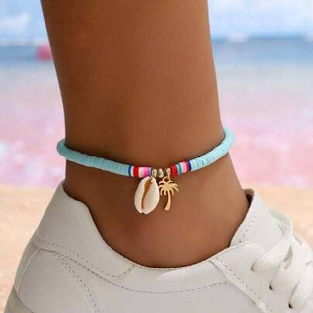 SHEIN 1pc Natural Shell Palm Tree Design Beaded Anklet, Suitable For Women In Beach Or Daily Wear