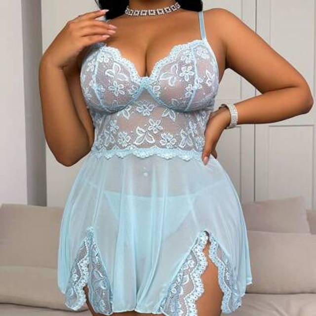 SHEIN 2 Pieces Plus Size Sexy Lingerie Set - Lace & Mesh Slip Dress With Front Slit + G-String Panty