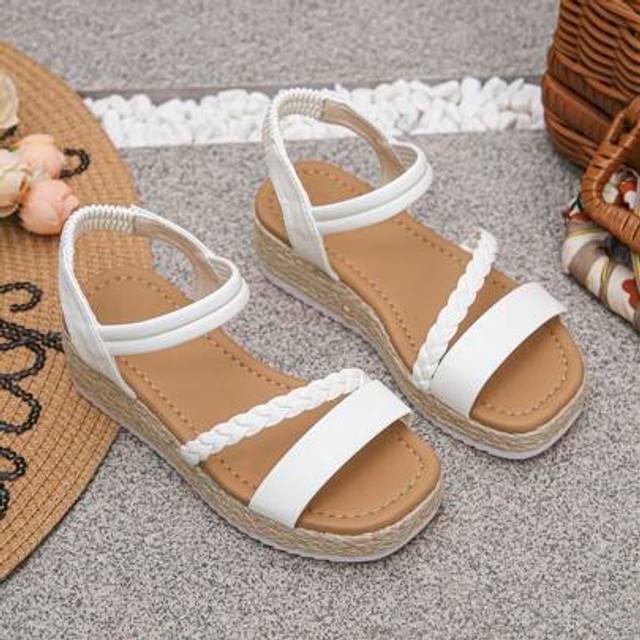 SHEIN 1 Pair Teenage/Kids White Fashion Square Toe Platform Sandals, Summer Comfortable Lightweight Woven Rope Beach Shoes For Girls, Suitable For School An