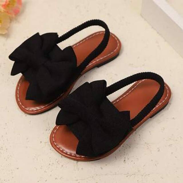 SHEIN 1 Pair Girls Plus Size Black Flat Sandals With Mesh Bow Decor, Elastic Back Strap Peep Toe Design, Non-Slip Comfortable Cute Roman Sandals Suitable Fo
