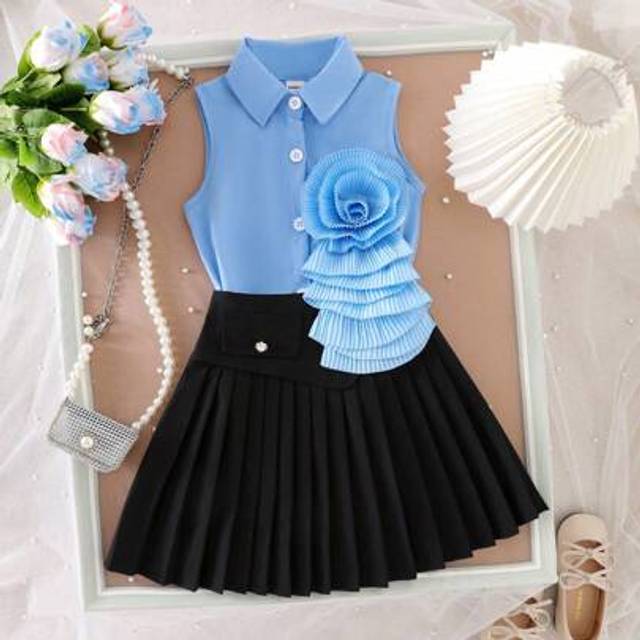 SHEIN 2pcs/Set Girls Fashion Blouse + Skirt, Flower Pattern Young Girl Clothing Set