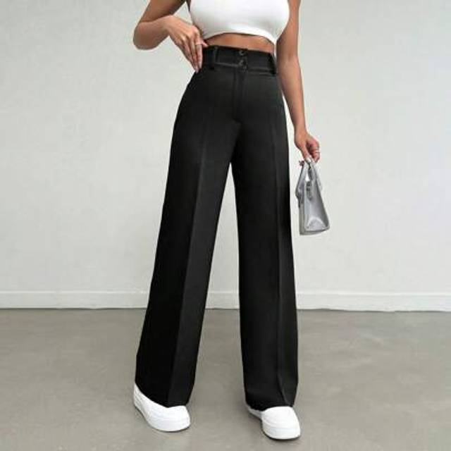 SHEIN Women&#39;s Solid Color Elegant High Waist Long Straight Pants With Pleated And Button Details On Waist
