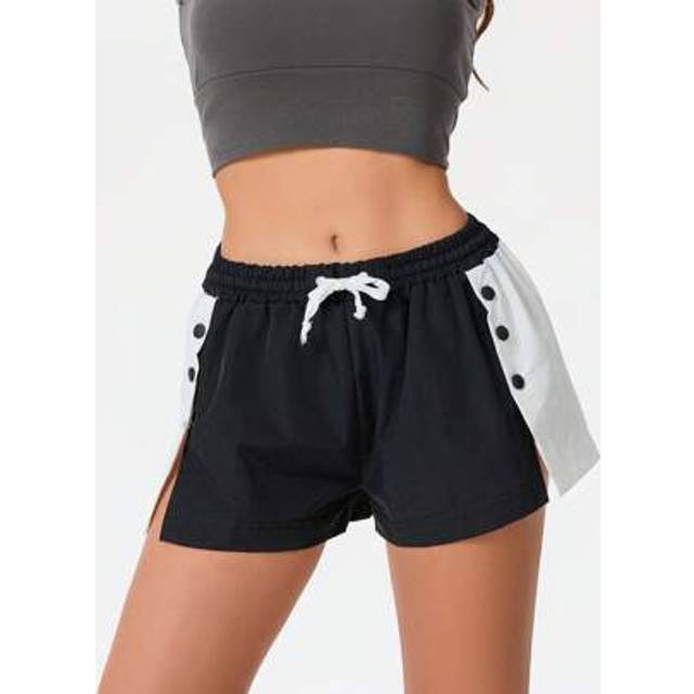 SHEIN Womens Contrast Color Shorts Casual Elastic High Waist Side Button Wide Leg Shorts Going Out Shorts