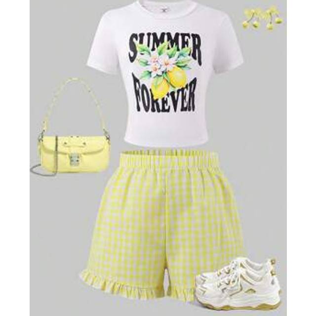 SHEIN 2pcs/Set Tween Girls Fashionable Casual Bow-Knot & Cherry Print Fitted Short Sleeve Plaid Shorts, Suitable For Daily, Leisure, Party Wear, Summer