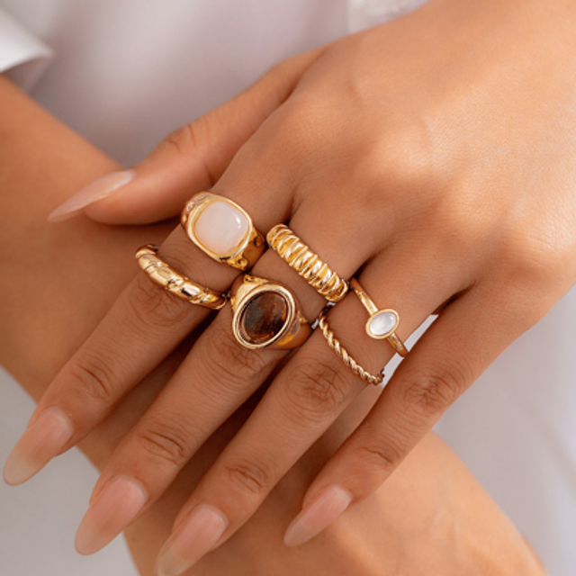 SHEIN 6pcs/Set Boho Retro Multilayer Glass Rhinestone Embellished Rings, Chunky Jewelry Set For Women, Daily Wear And Vacation Decoration, Ideal Gift For Fr