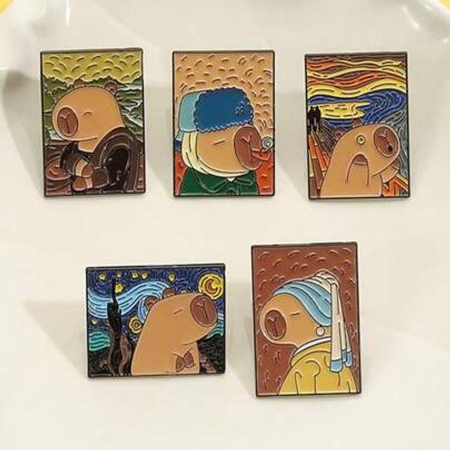 SHEIN 5Pcs Capybara Oil Painting Enamel Pins World Famous Paint Metal Brooches Fashion Lapel Badge Backpack Clothes Jewelry Gift Friends
