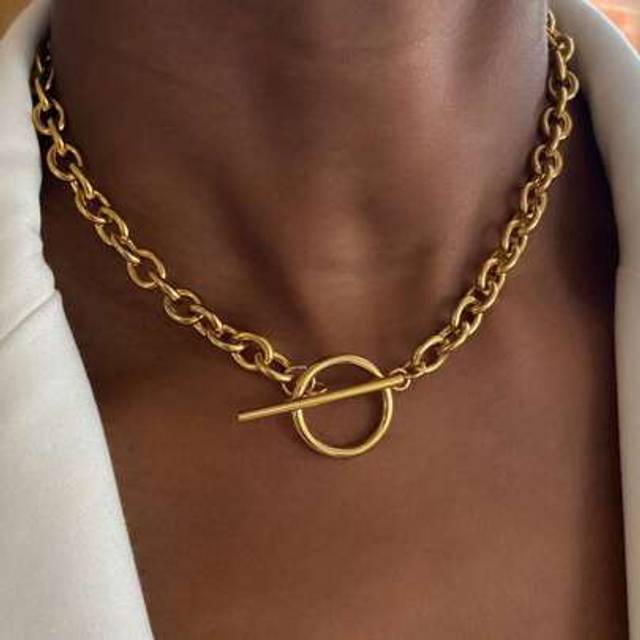 SHEIN 1pc Fashion Ins 2025 New 18K Gold Stainless Steel High Protection Exaggerated Thick Chain OT Clasp Necklace, Suitable For Women&#39;s Daily Wear, Waterpro