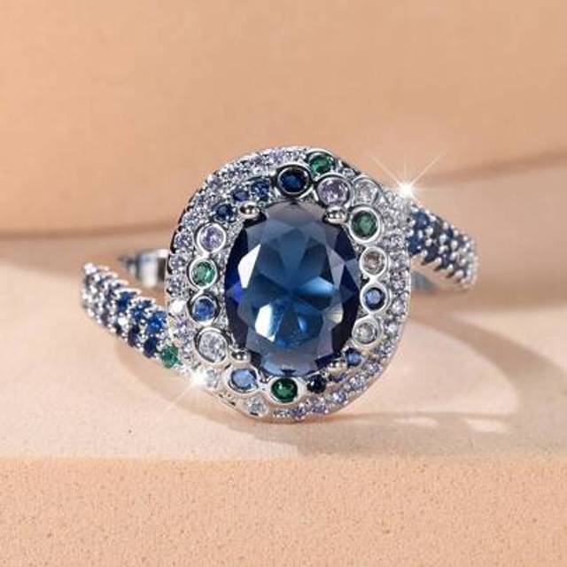 SHEIN 1pc Elegant Luxury Blue Oval Full Diamond Cubic Zirconia Vintage Women Ring, Suitable For Proposal, Wedding, Engagement, Ball, Party, Birthday, Festiv