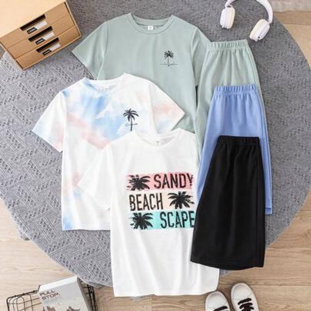 SHEIN 6pcs/Set Tween Boy Casual Loose Resort Tie-Dye Pattern Palm Tree Print Round Neck Knit Short Sleeve T-Shirt & Shorts Set, Suitable For Commuting, Scho