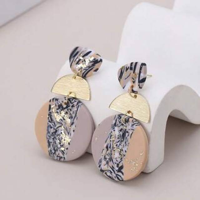 SHEIN 1 Pair Handmade Soft Clay Mint Green Textured Gold Foil Geometric Patchwork Earrings, Lightweight Luxe Party/Travel/Holiday Gift, Multiple Colors Avai