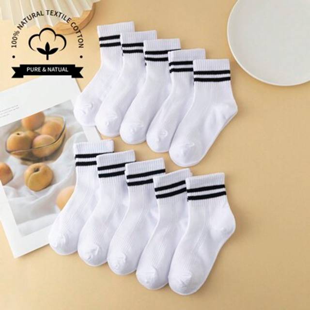 SHEIN 10 Pairs Children&#39;s Black And White Bar Striped Socks, Spring And Summer Breathable Mesh Sweat-Absorbent Cotton Socks For School Football And Basketba