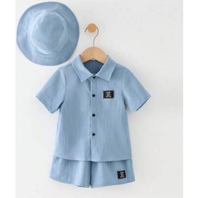 SHEIN 3pcs Young Boys Decorative Tape Collar Short Sleeve Cardigan, Elastic Waist Shorts, And Hat Set, Suitable For Spring & Summer, School, Vacation, And C