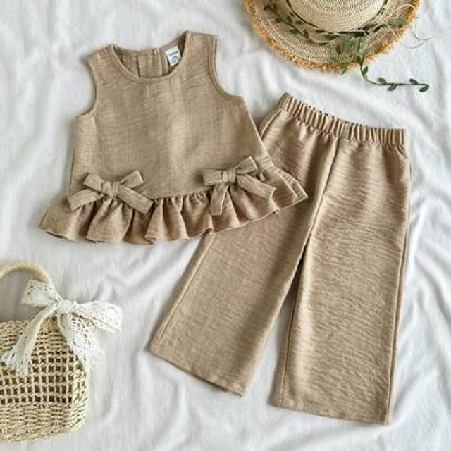 SHEIN 2pcs/Set Baby Girl Casual Cute Bow Decor Sleeveless Top And Pants Set