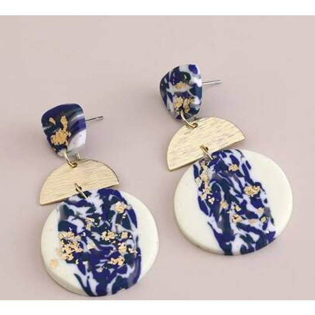 SHEIN 1 Pair Handmade Polymer Clay Modern Tri-Layer Gold Foil Colorblock Long Dangle Earrings For Women, Suitable For Vacation, Party And Daily Wear