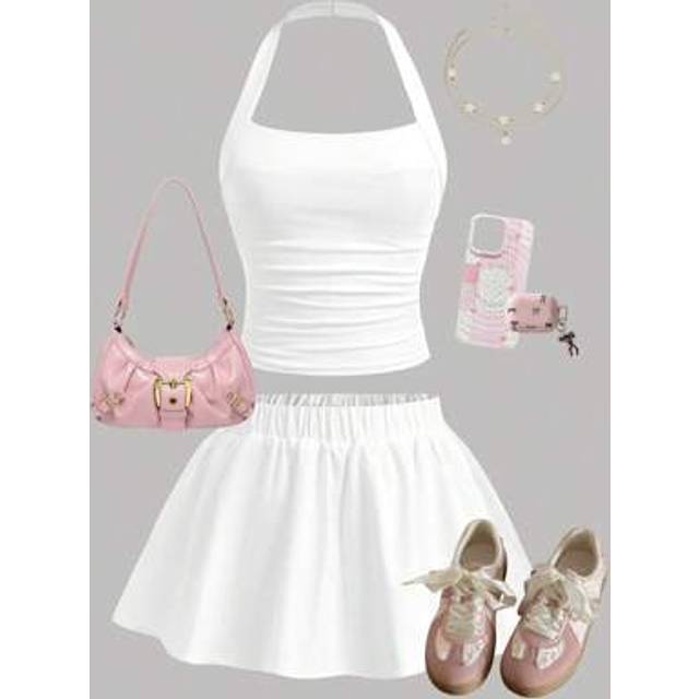 SHEIN 2pcs/Set Teen Girls&#39; White Ruched Halter Crop Top And Mini Skirt Set, Cute, Girly, Sweet, Casual, Perfect For Dates, Parties, Outings, Includes Anti-F