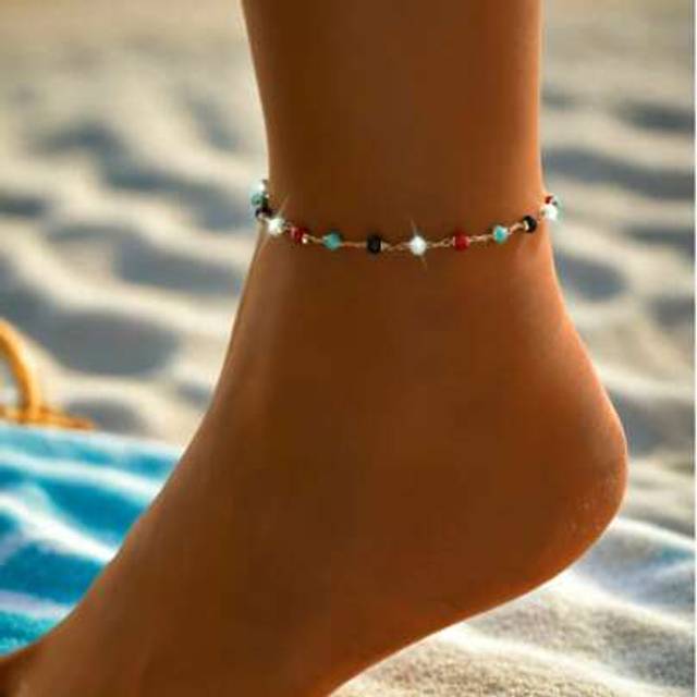 SHEIN 1pc Minimalist Versatile Vacation Style Random Oil Drop Colorful Glass Beaded Copper Chain Anklet, Suitable For Women&#39;s Daily Wear