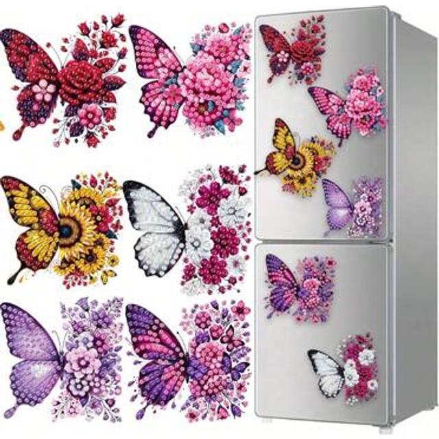 SHEIN 6pcs Diamond Art Refrigerator Magnets, Cute Butterfly & Flower Diamond Painting Decor DIY Diamond Painting Magnet Kit For DIY Crafts, Gifts, Refrigera