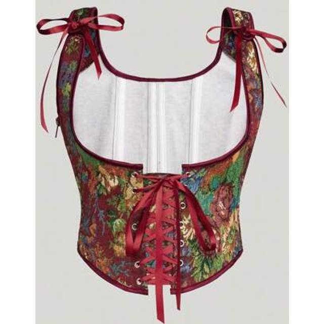 SHEIN Women&#39;s Renaissance Corset Floral Underbust Corset Tops Vintage Boned Corset Belt Green