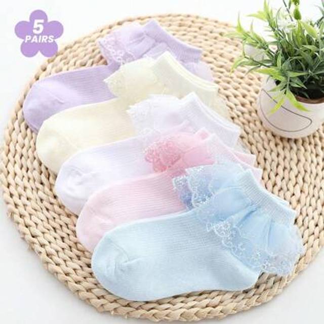 SHEIN 5 Pairs Baby/Girls&#39; Socks, Solid Color Minimalist, Girls Kawaii Lace Ruffle Edge Socks, Breathable Soft Short Socks, Suitable For Holiday Gifts, Back