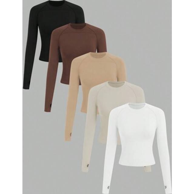 SHEIN Women&#39;s Solid Color Crew Neck Long Sleeve Simple Sports T-Shirt & Cami/Seamless/Thumb Hole