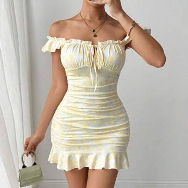 VaVaBold Floral Print Ruffle Hem Tie Front Off Shoulder Elegant Dress Vacation Beach Outfits Women