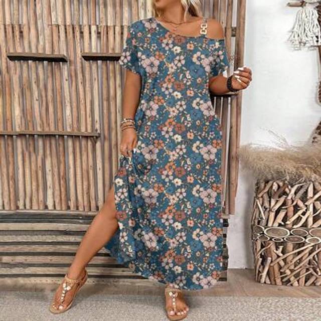 SHEIN Plus Size Allover Small Floral Print One Shoulder Metal Buckle Dress, New 2025 Collection, Flattering For Curvy Women, Summer