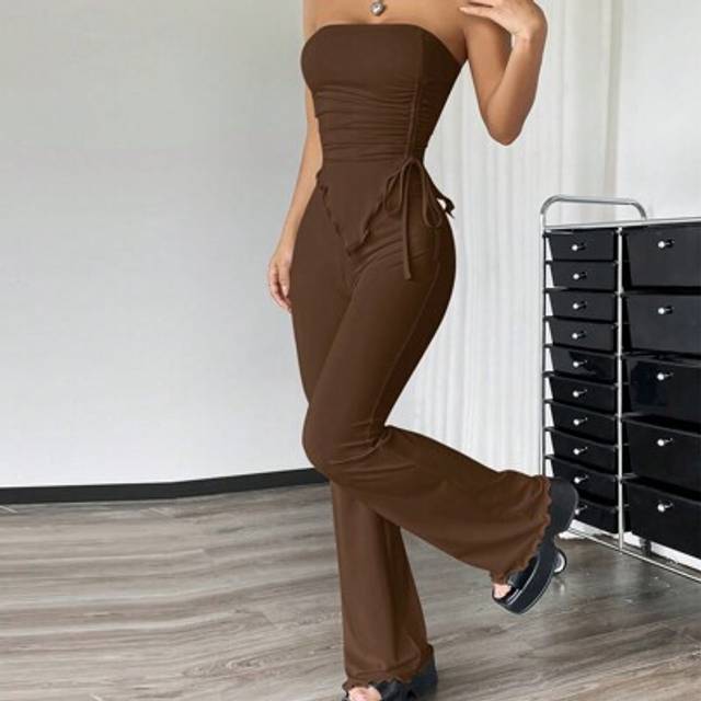 SHEIN 2pcs/Set Women Knit Mousse Brown Ruched Hem Asymmetrical Camisole Top And Flared Pants Set, Spring/Summer