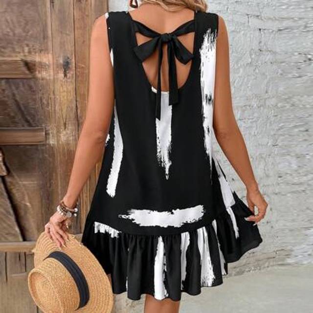 SHEIN Women&#39;s Backless Round Neck Striped Printed Ruffle Hem Sleeveless Summer  Stripe Old Money Style   Dress  Date Night Dress Work Women Dresses,Sun Dres