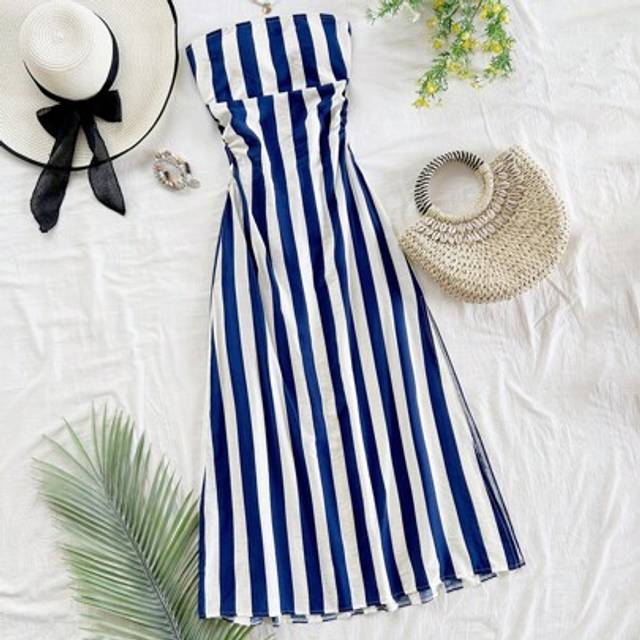 Soleia Women Tropical Island Vacation Halter Backless Tie Waist A-Line Long Dress, Green & White Stripe Print Summer Dresses For Women,Sun Dresses For Women