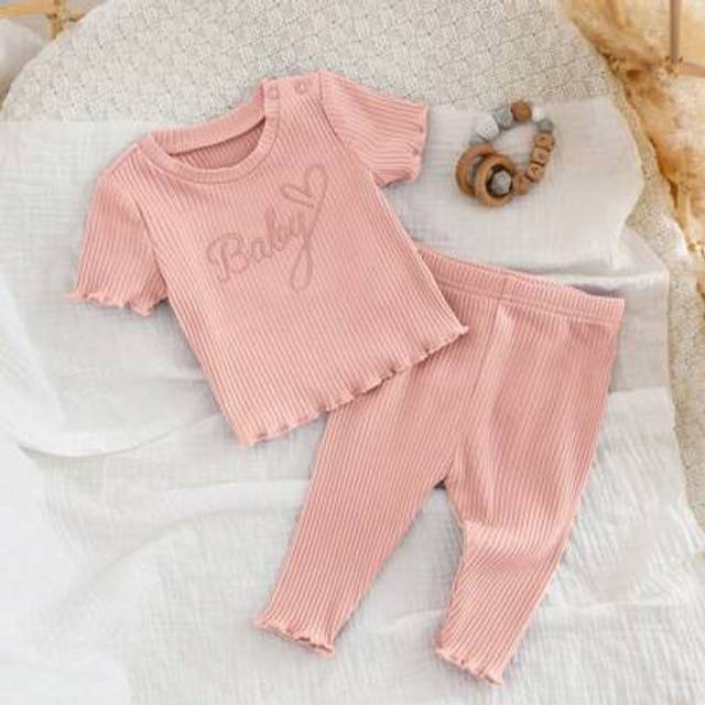 SHEIN Newborn Baby Girl Summer Cute Pink Knitted Short Sleeve Top & Pants 2Pc Set