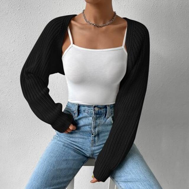 SHEIN Women&#39;s Black Casual 1pc Ribbed Knit Batwing Sleeve Shrug Cardigan,Long Sleeve Tops