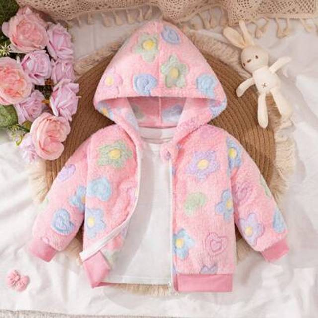 SHEIN Baby Girl Long Sleeve Heart & Flower Plush Warm Jacket, Suitable For Casual Outdoor Wear, Autumn/Winter