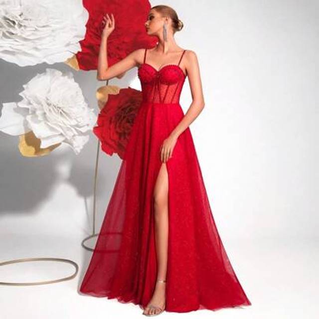 SHEIN Strap Spaghetti Strap Rhinestones High Waist A-Line Slit Back Tie Dress, Evening Party Gown, Formal, For Wedding Guest