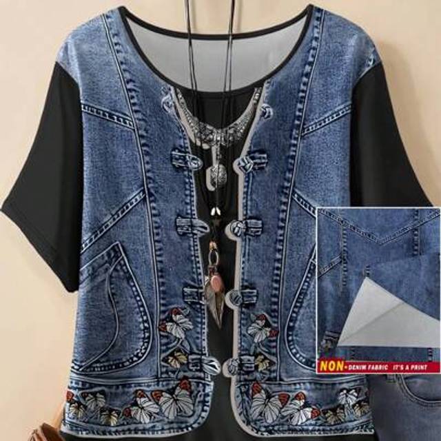 SHEIN Plus Size Women Graphic Print Round Neck Short Sleeve T-Shirt With Denim Look Design